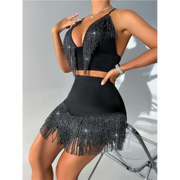 SXY Fringed Sleeveless Tassel Top And Bodycon Skirt Two-Piece Set - Picture 5 of 5